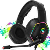 Black gaming headset with RGB lighting on a white background
