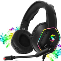 Black gaming headset with RGB lighting on a white background