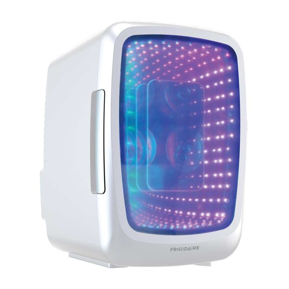 Frigidaire Mini Beverage Refrigerator with RGB LED lights and cans
