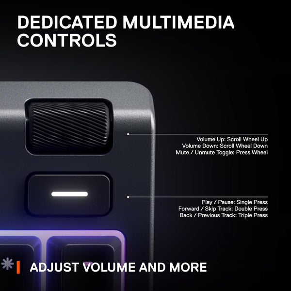 Dedicated multimedia controls on a SteelSeries RGB gaming keyboard with wrist rest.