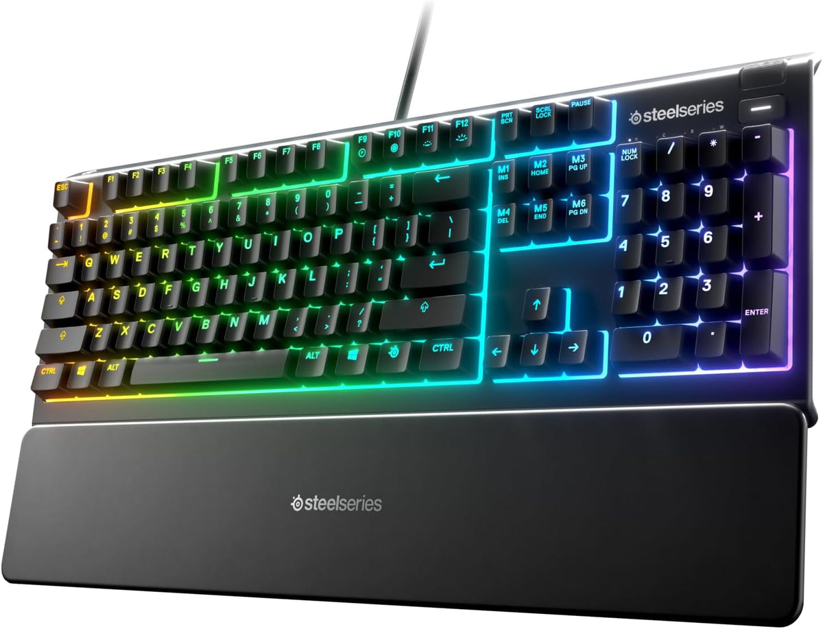 RGB gaming keyboard with wrist rest featuring 10-zone RGB illumination and water-resistant design.