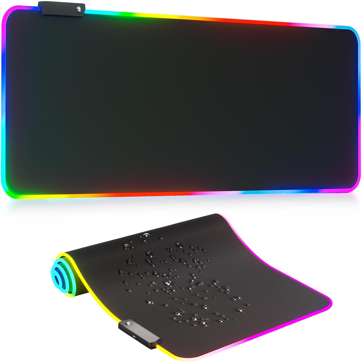 Large black RGB gaming mouse pad with colorful LED lighting and water-resistant surface.