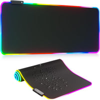 Large black RGB gaming mouse pad with colorful LED lighting and water-resistant surface.