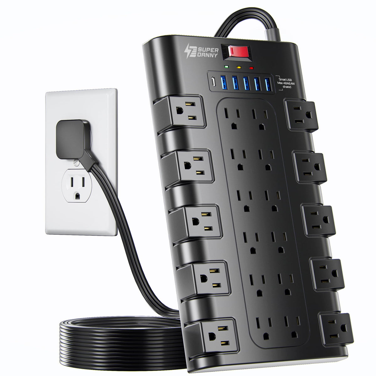 SUPERDANNY Power Strip Surge Protector, 22 AC 6 USB, 2100J, 6.5Ft,1875W/15A