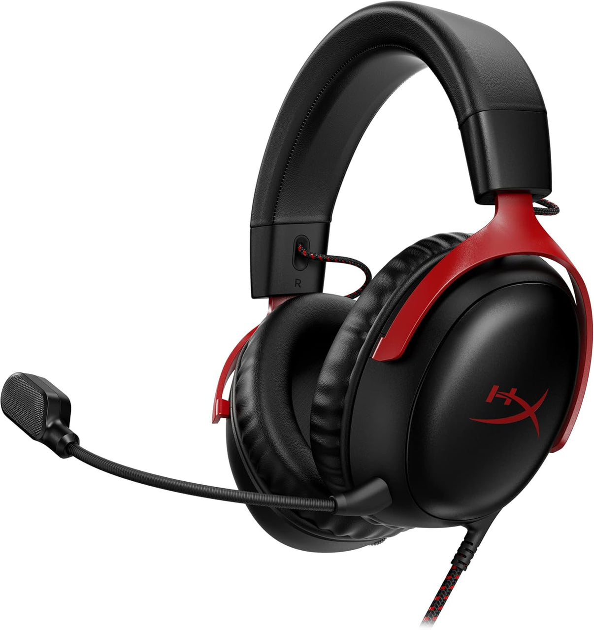 HyperX gaming headset with red and black design and adjustable boom microphone