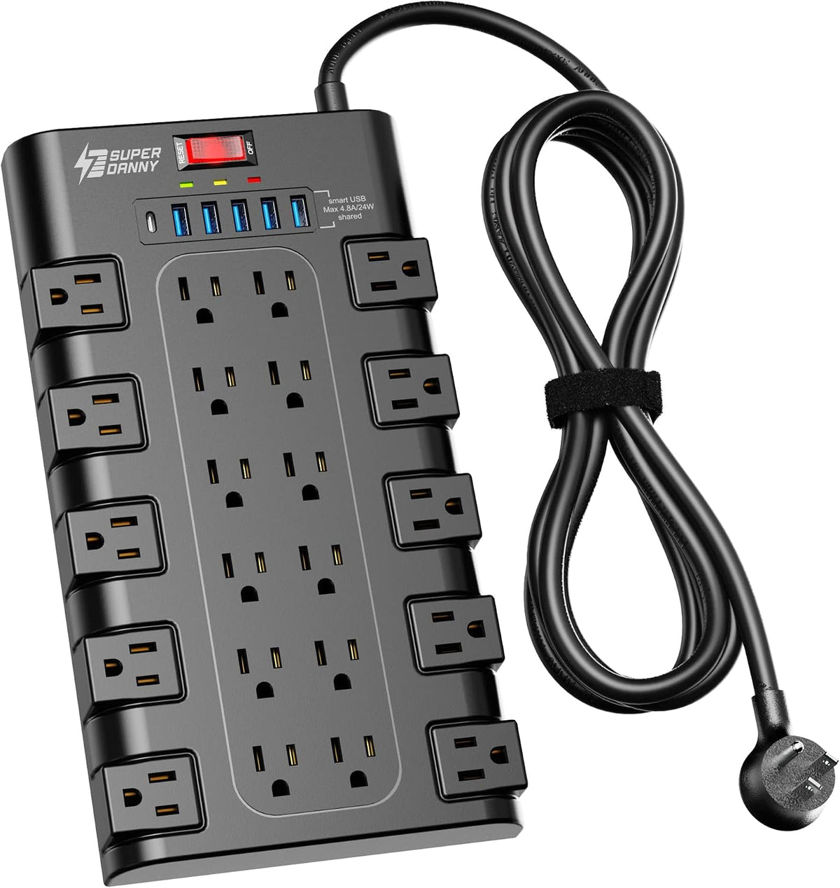 SUPERDANNY Power Strip Surge Protector, 22 AC 6 USB, 2100J, 6.5Ft,1875W/15A