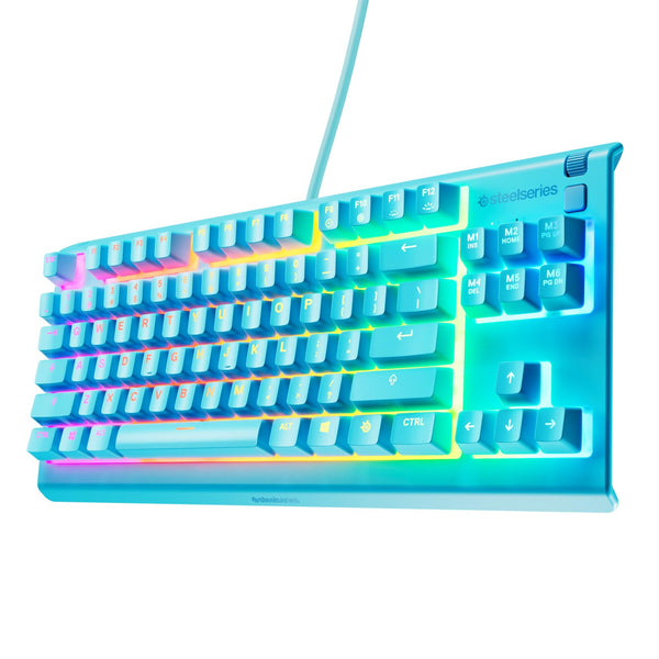 Dedicated multimedia controls on a SteelSeries RGB gaming keyboard with wrist rest.