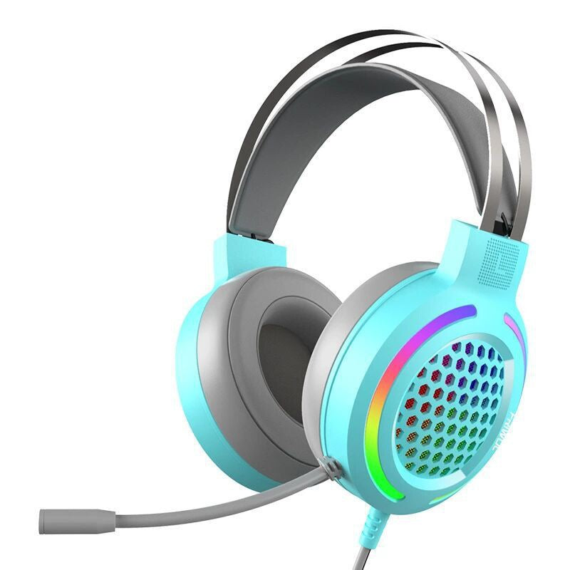 Colorful gaming headset with rainbow accents on a white background