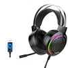 Gaming headset with RGB lighting and USB cable on a white background