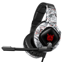Gaming headset with a unique design on the headband and microphone, on a white background.