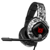 Gaming headset with camouflage design and red logo on a white background