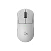 Top view of a white Logitech G gaming mouse with a logo and scroll wheel.