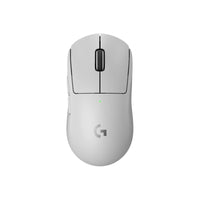 Top view of a white Logitech G gaming mouse with a logo and scroll wheel.
