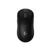 Top view of a black Logitech G wireless gaming mouse with a green status light