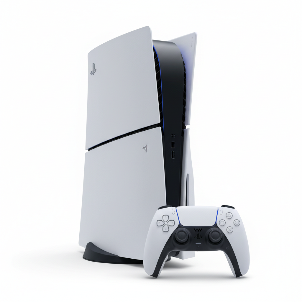 Sony PlayStation 5 console with DualSense wireless controller on a white background